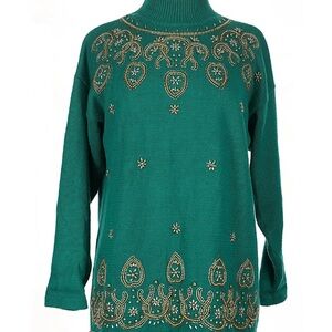 Victoria Jones Woman Emerald Turtleneck with Gold Embellishments